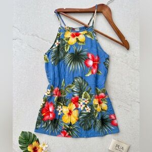 PUANANI Hawaii Resort Wear Hibiscus Floral Halter Top Tropical Summer Blouse